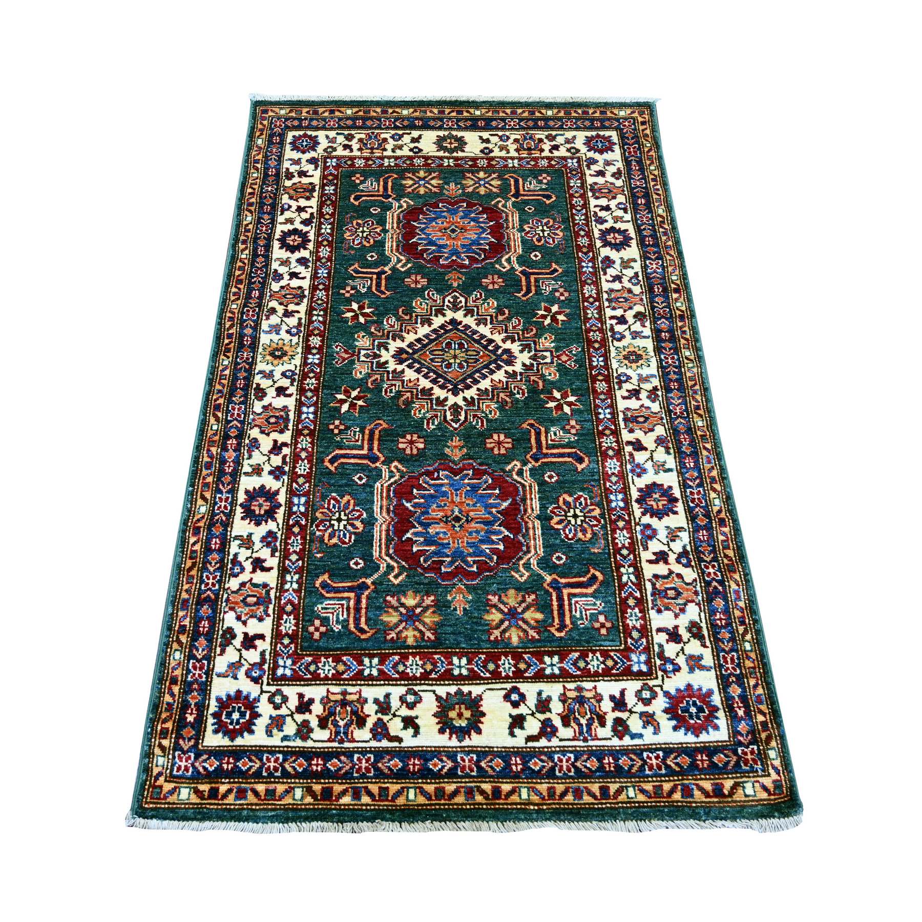 3'1"x5'1" Tropical Rainforest Green, Afghan Super Kazak with Geometric Medallions Design, Hand Knotted, Vegetable Dyes, Pure Wool, Oriental Rug 